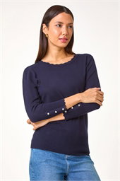 Sparkly Diamante Button Scallop Edge Jumper