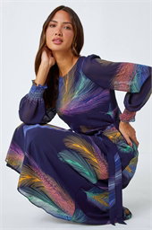 Feather Print Belted Midi Dress