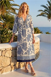 Border Print V-Neck Midi Dress 
