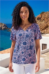 Textured Floral V-Neck Stretch Top