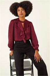 Ruffle Front Keyhole Satin Top