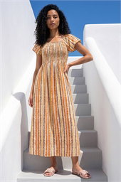 Abstract Stripe Shirred Midi Dress 