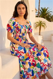 Abstract Print Shirred Midi Dress