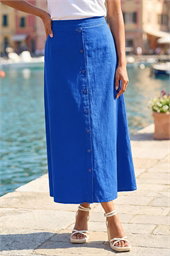 Linen Blend Button Midi Skirt