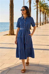 Button Detail Tiered Midi Dress