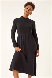 Ribbed Knit High Neck Midi Dress