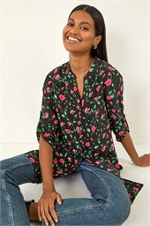 Rose Print Longline Buttoned Blouse