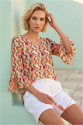 Abstract Wave Print Flared Sleeve Top