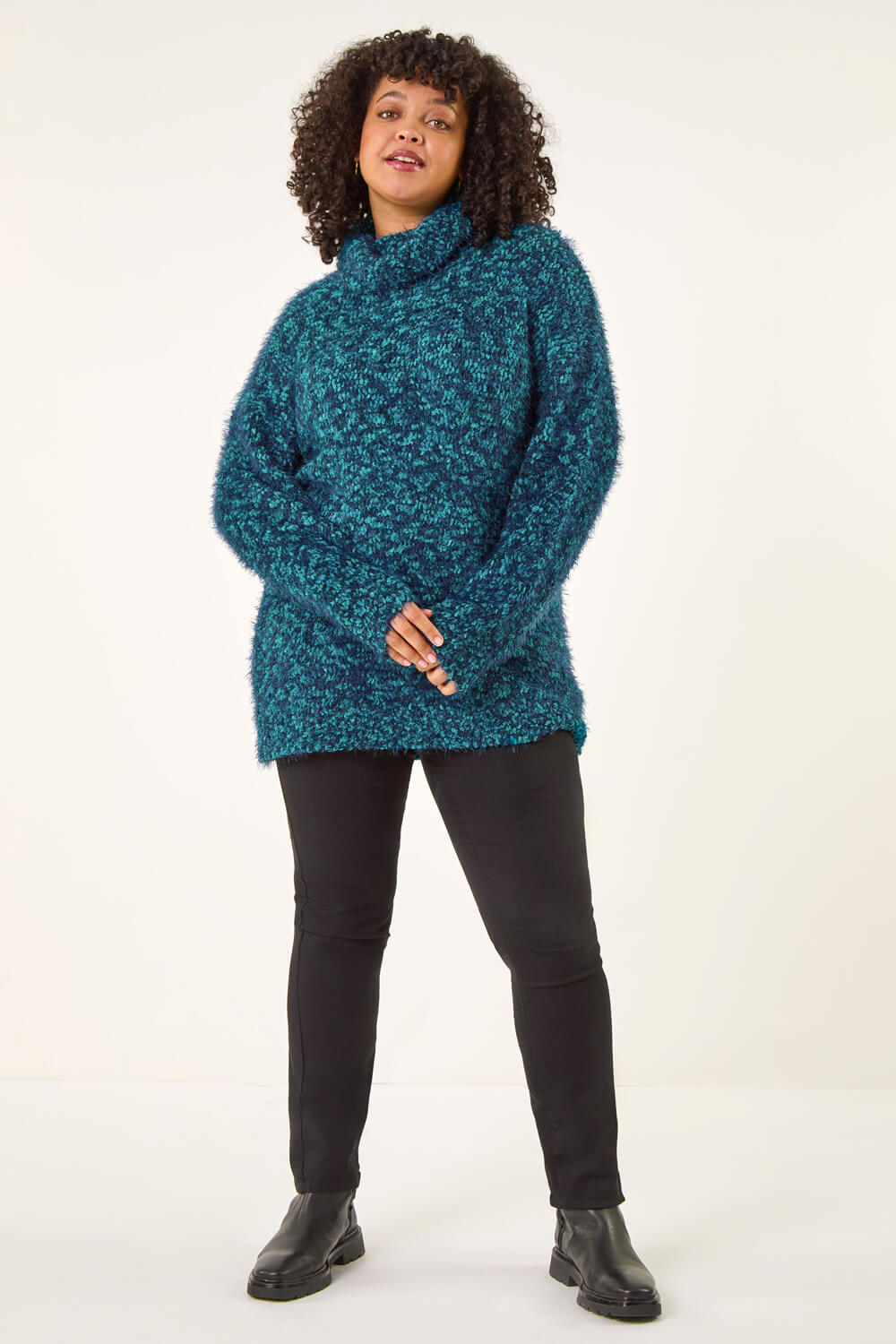 Teal Curve Fluffy Roll Neck Knit Jumper, Image 4 of 6