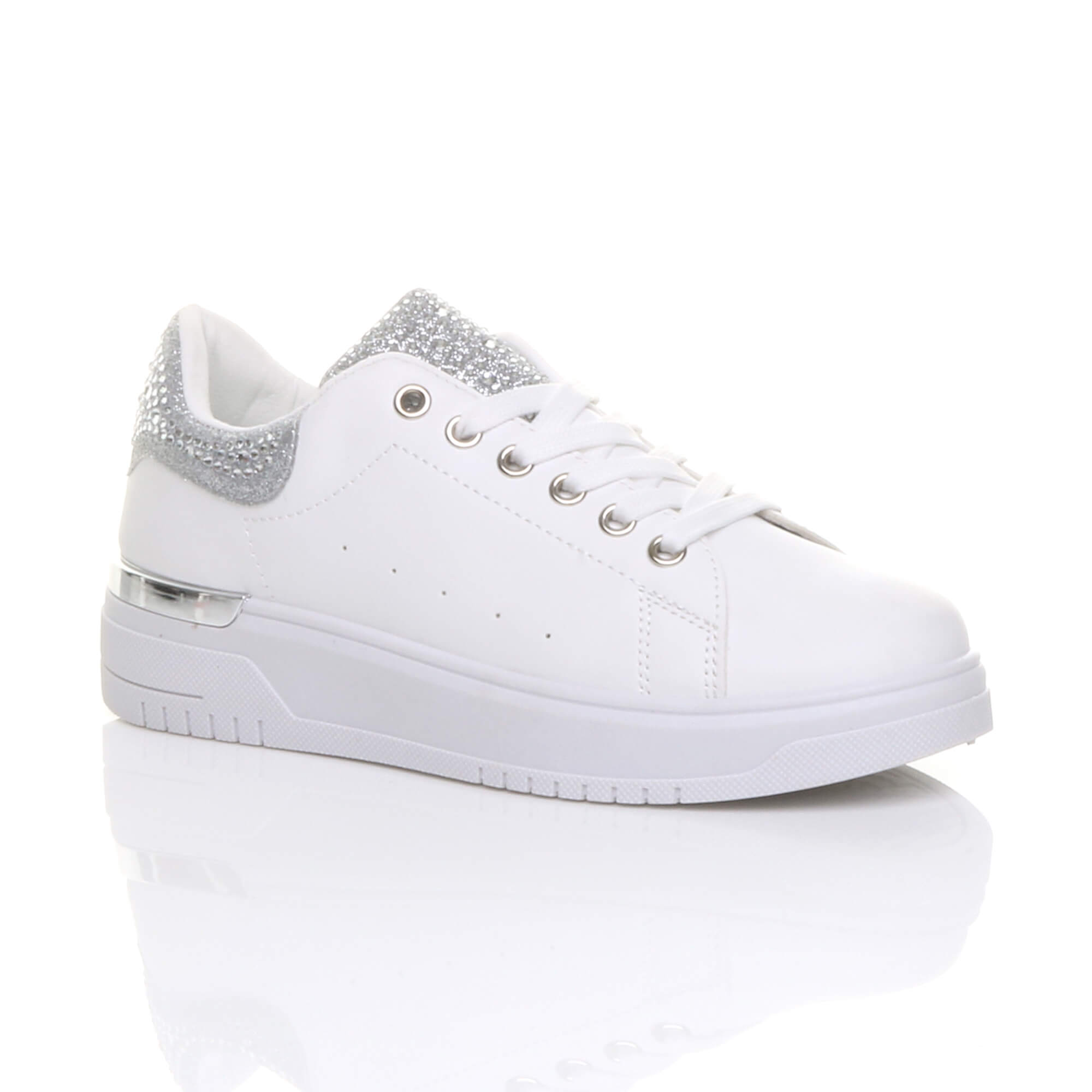 White Flat Chunky Diamante Sparkly Trainers