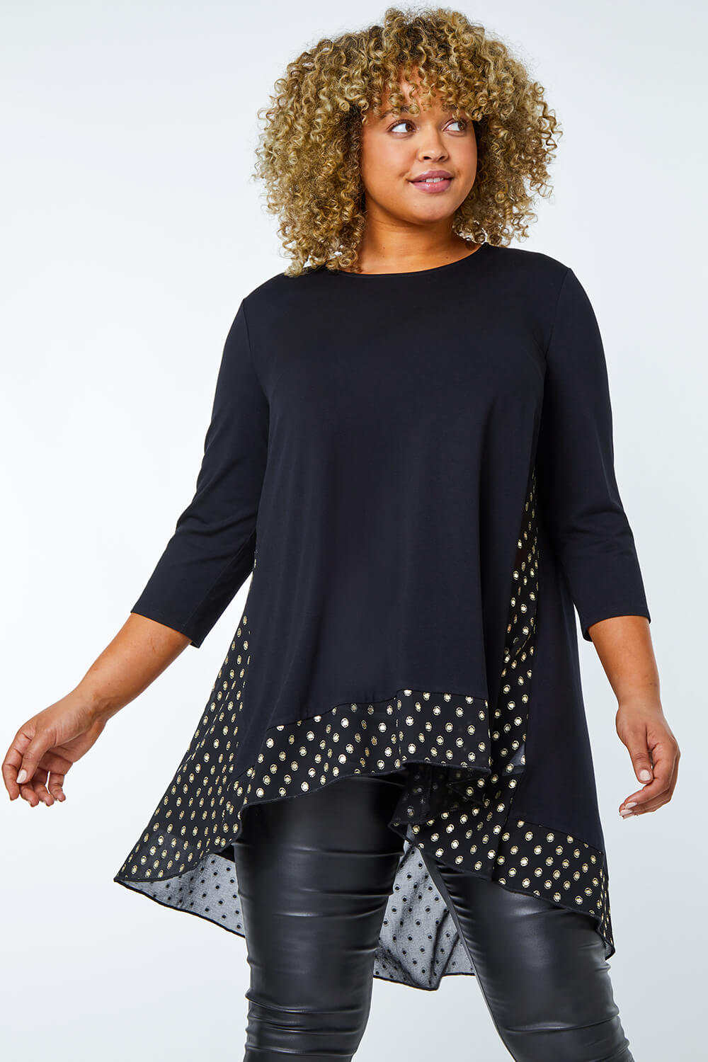 Black Curve Metallic Print Chiffon Hem Top, Image 1 of 5