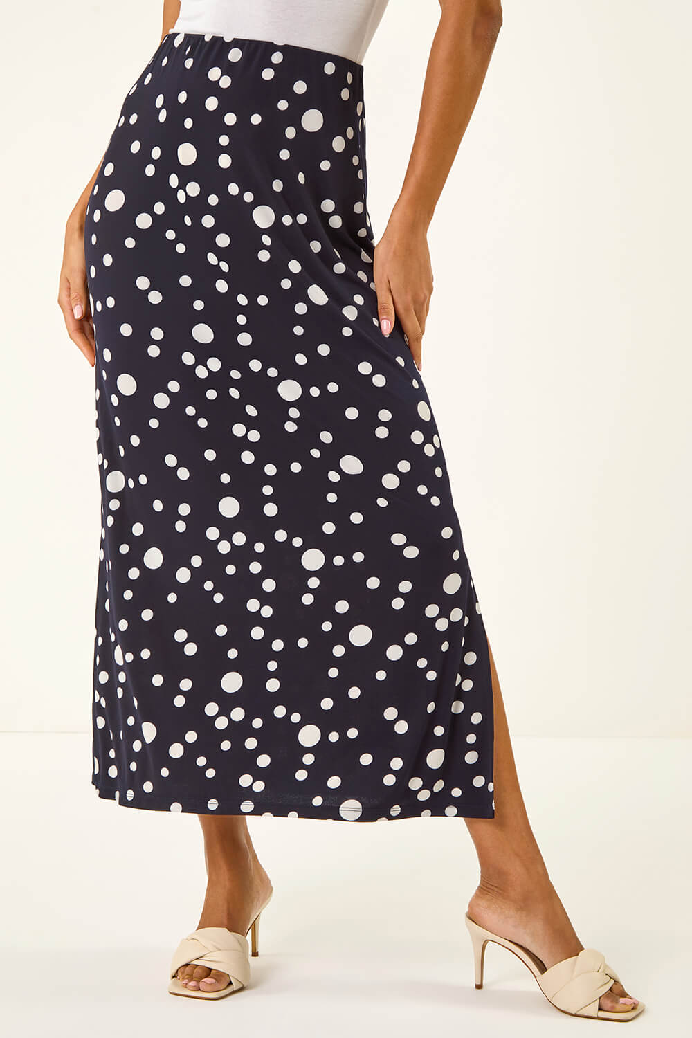 Roman Women's Navy Spot Print Stretch Maxi Skirt Size 20