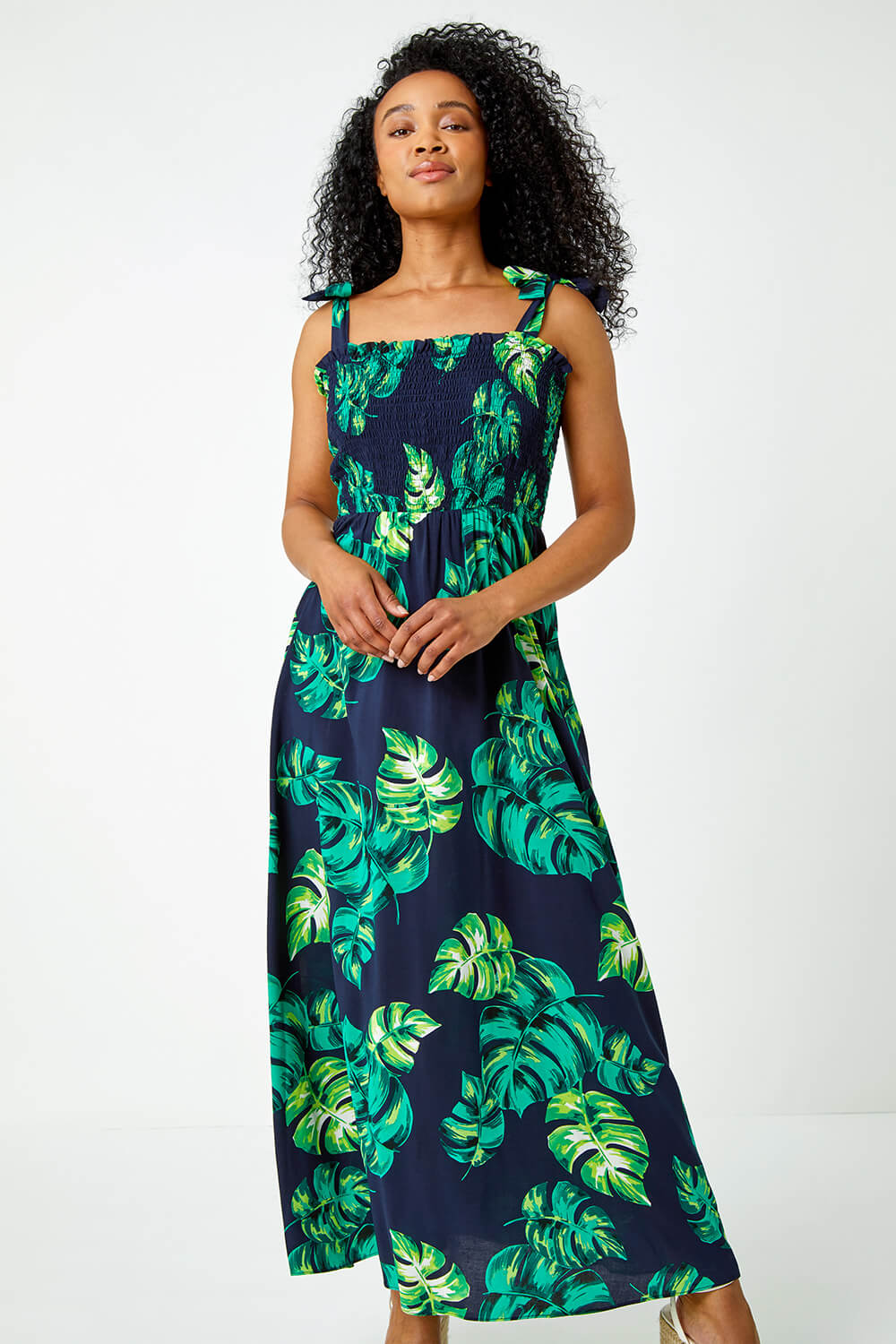Navy Petite Tropical Print Shirred Maxi Dress, Image 5 of 5
