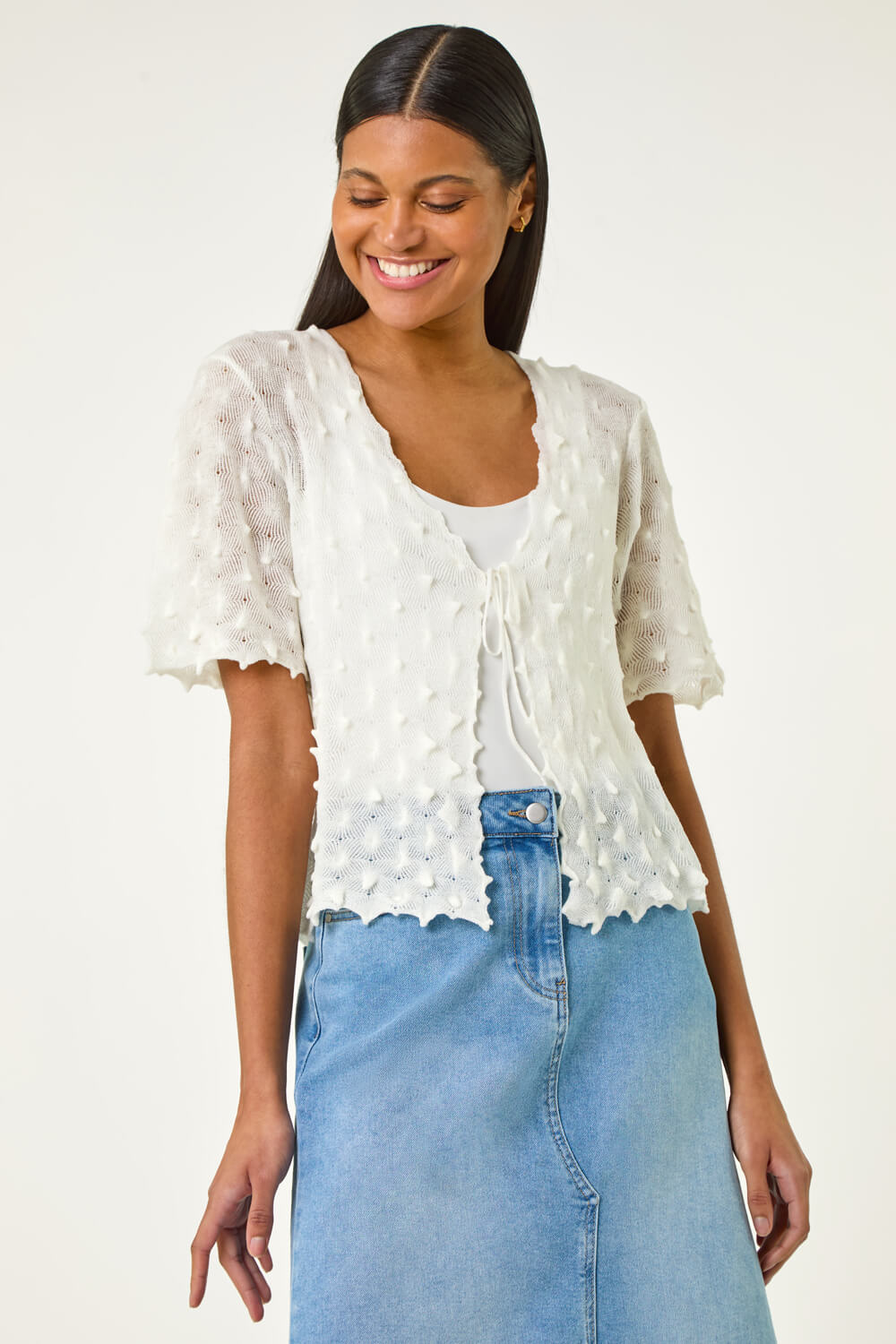 Ivory Textured Tie Front Shrug, Image 1 of 5