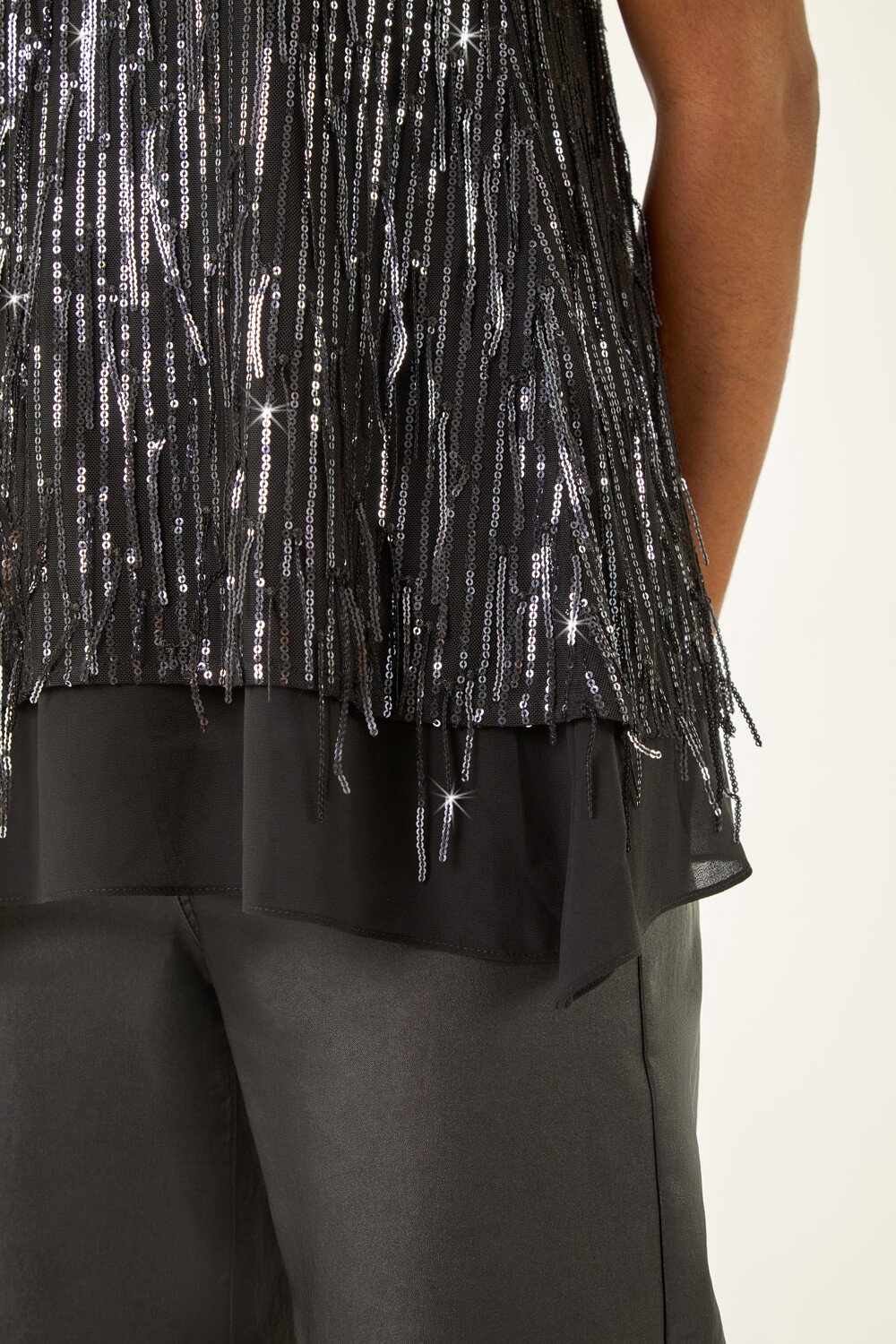 Dark Grey Tassel Sequin Chiffon Top, Image 6 of 5