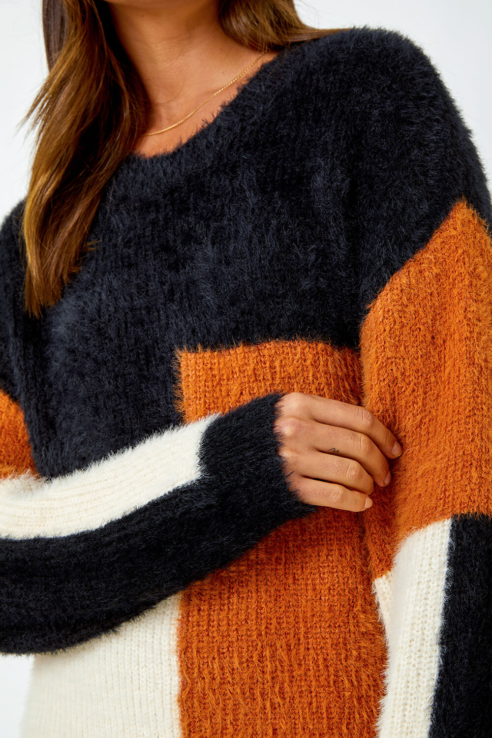 Rust Fluffy Colour Block Longline Jumper, Image 6 of 5