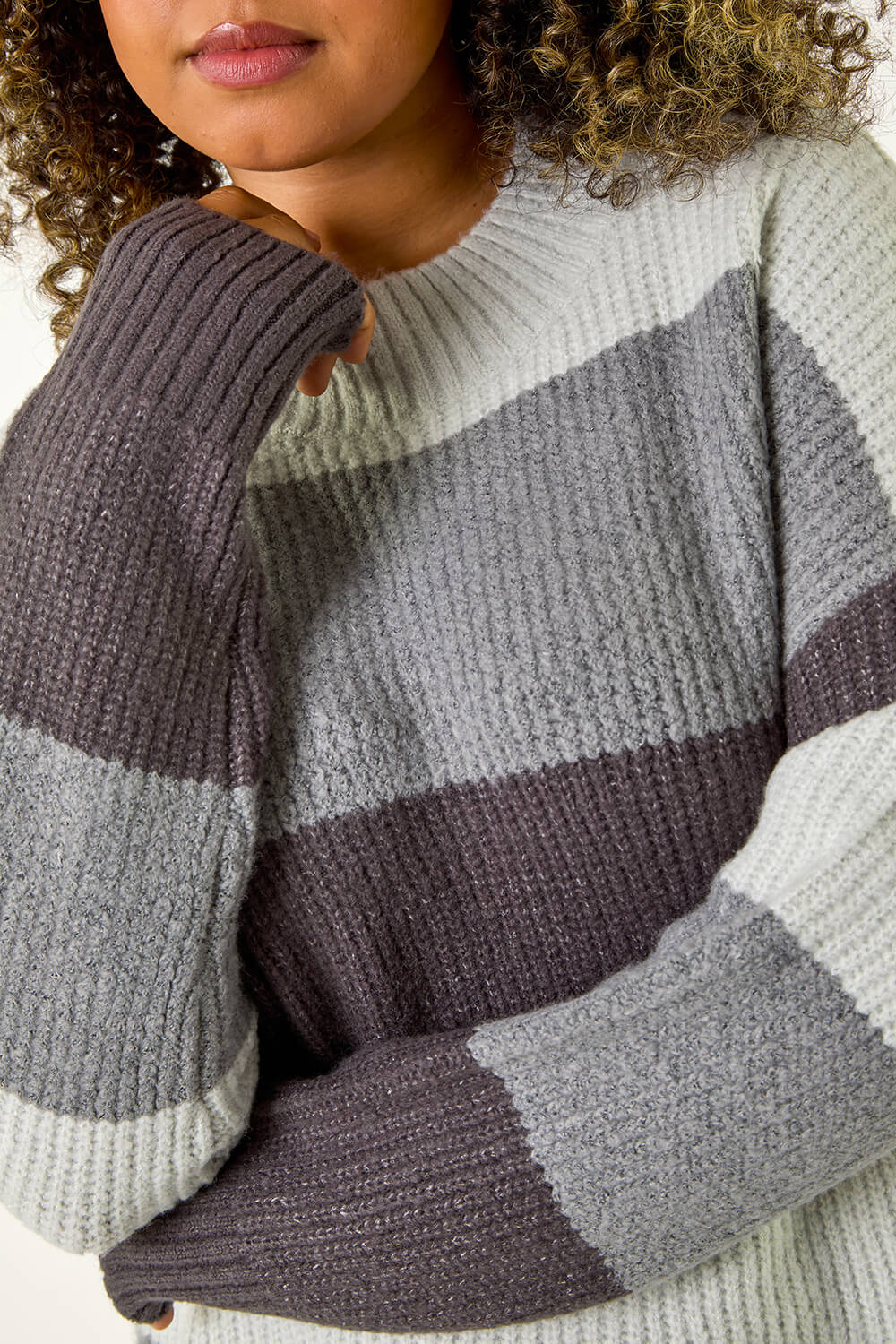 Grey Curve Colour Block Stripe Knit Jumper, Image 6 of 5