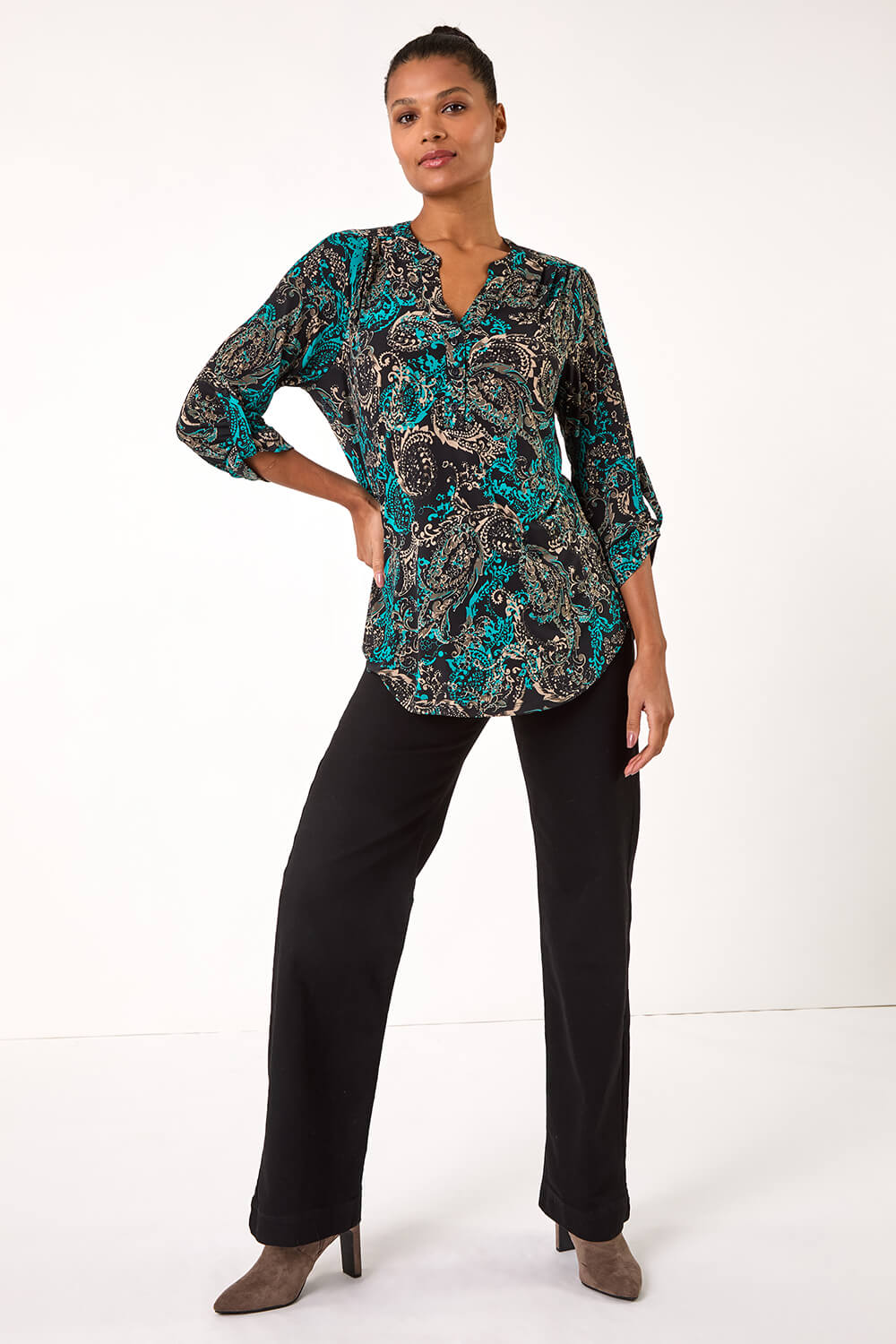 Teal Stretch Paisley Print Shirt, Image 3 of 5