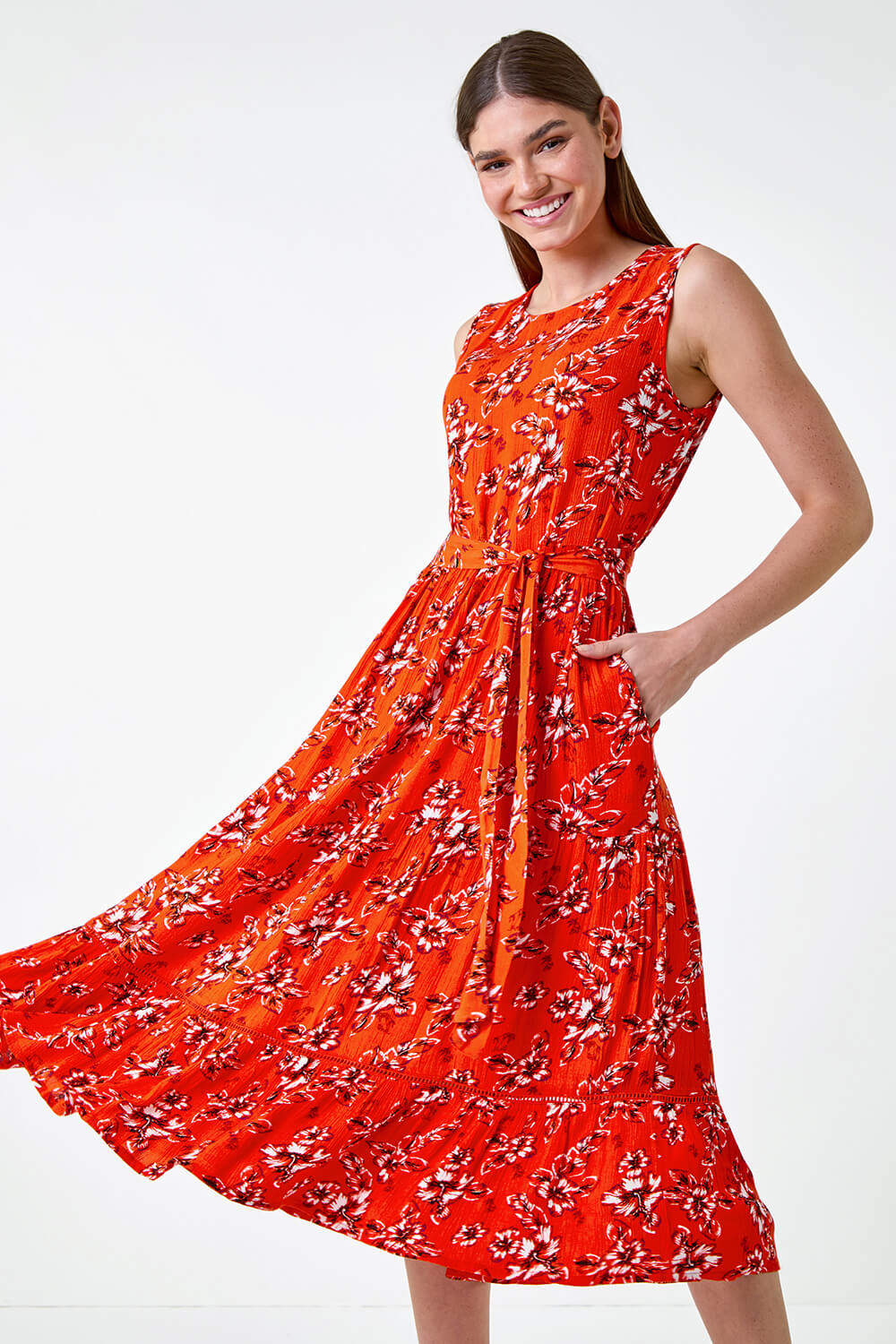Indibelle Cotton Floral Print A-Line Midi Dress (Orange)
