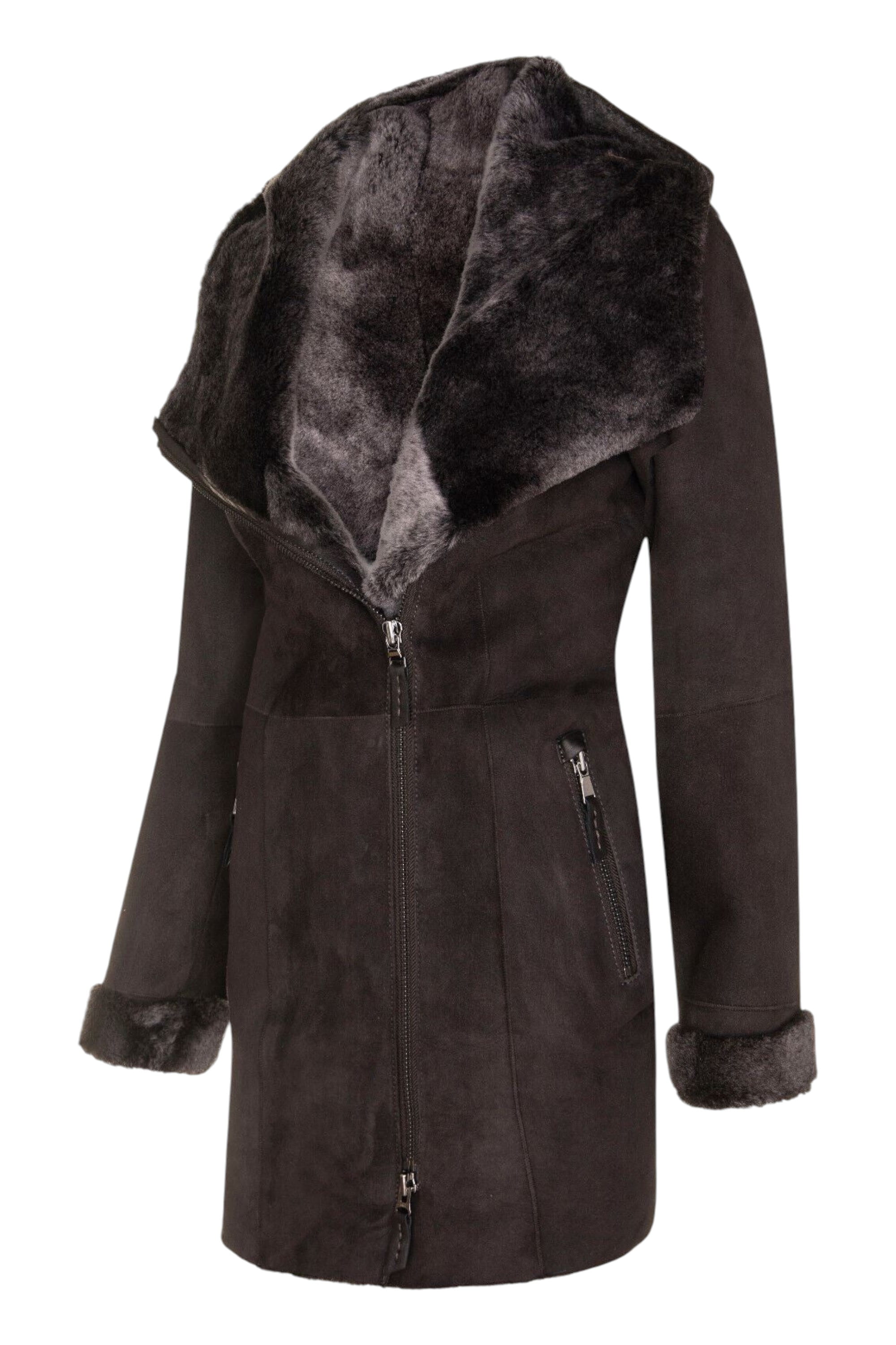 Taupe Merino Sheepskin Hooded Coat-Antioch, Image 2 of 4