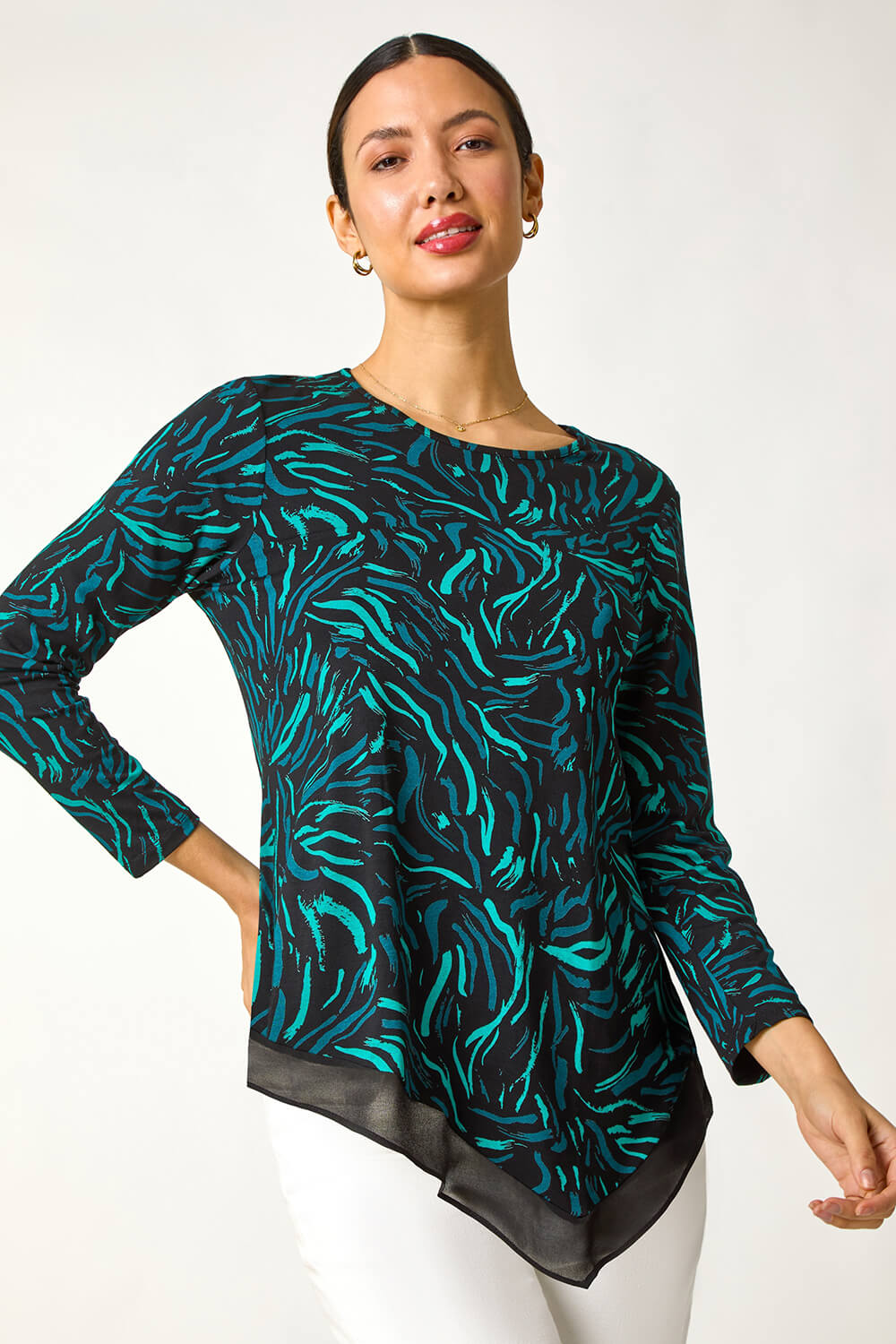 Teal Linear Print Chiffon Hem Stretch Top, Image 1 of 5