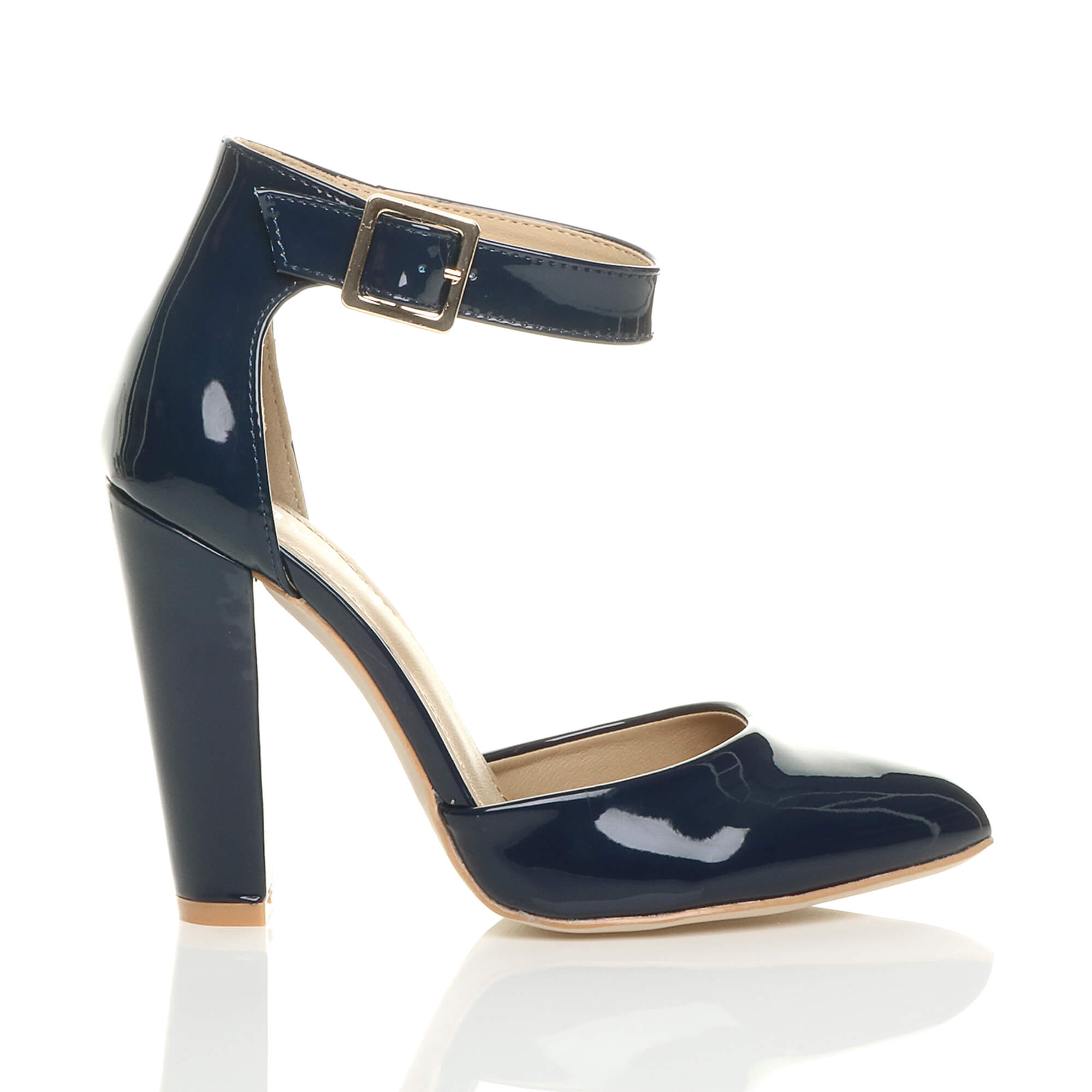 Navy Blue High Heel Ankle Strap Pointed Toe Court Shoes, Image 2 of 6