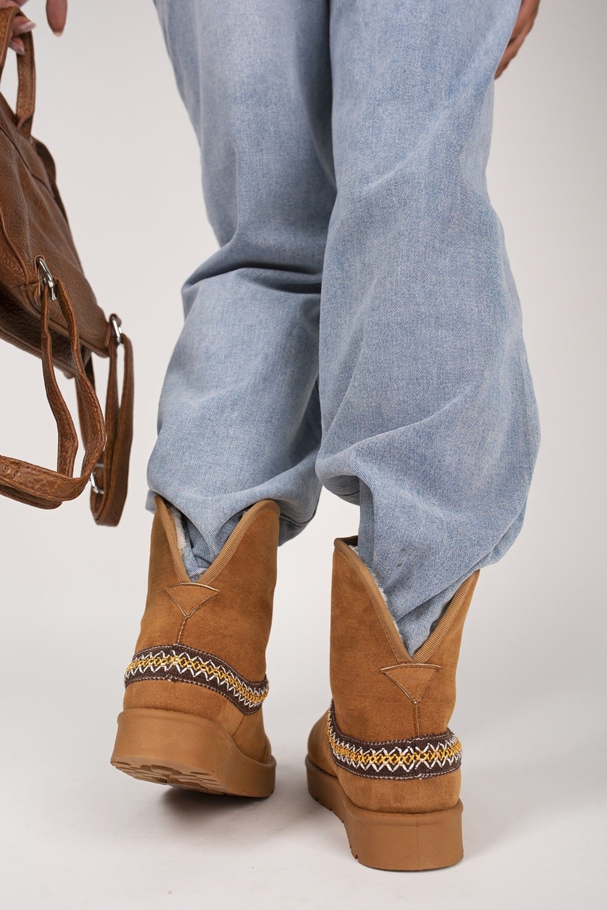 Brown Karsie Suedette Embroidered Flat Ankle Boots, Image 3 of 8