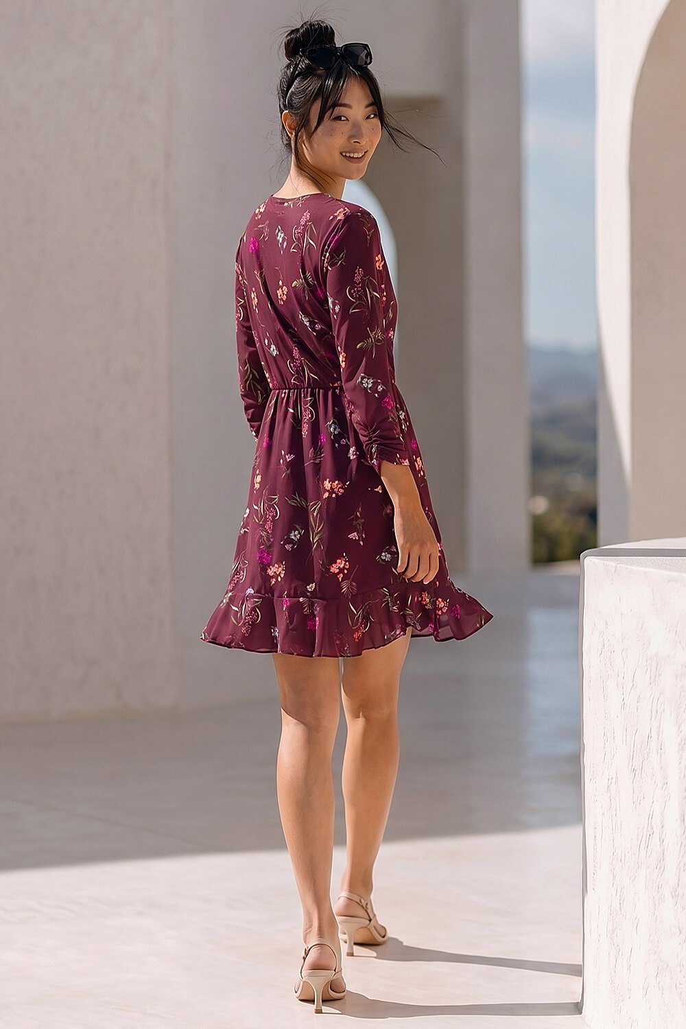 Wine Petite Floral Wrap Frill Stretch Dress , Image 5 of 5