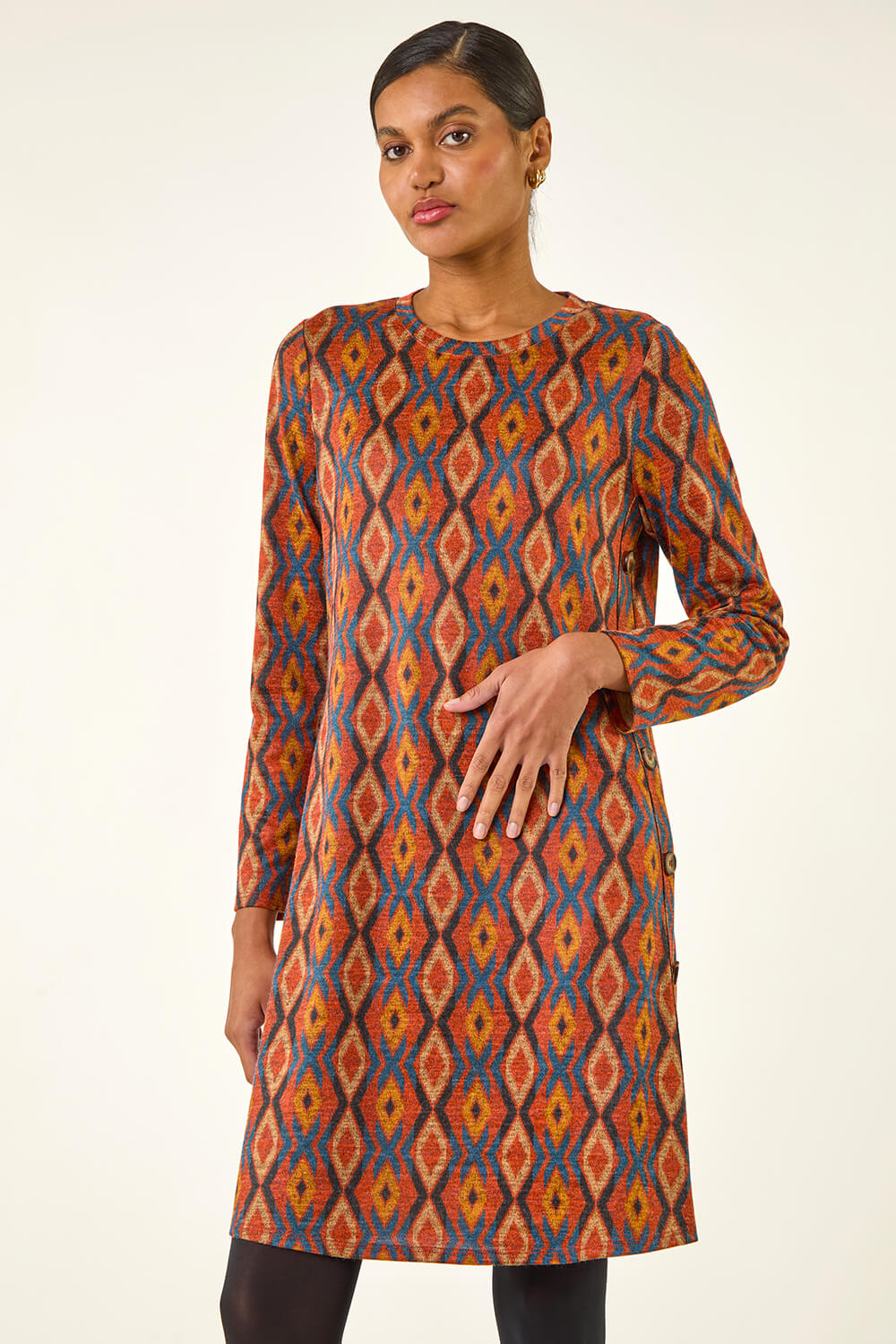 Dark Orange Geo Print Stretch Swing Dress, Image 1 of 5