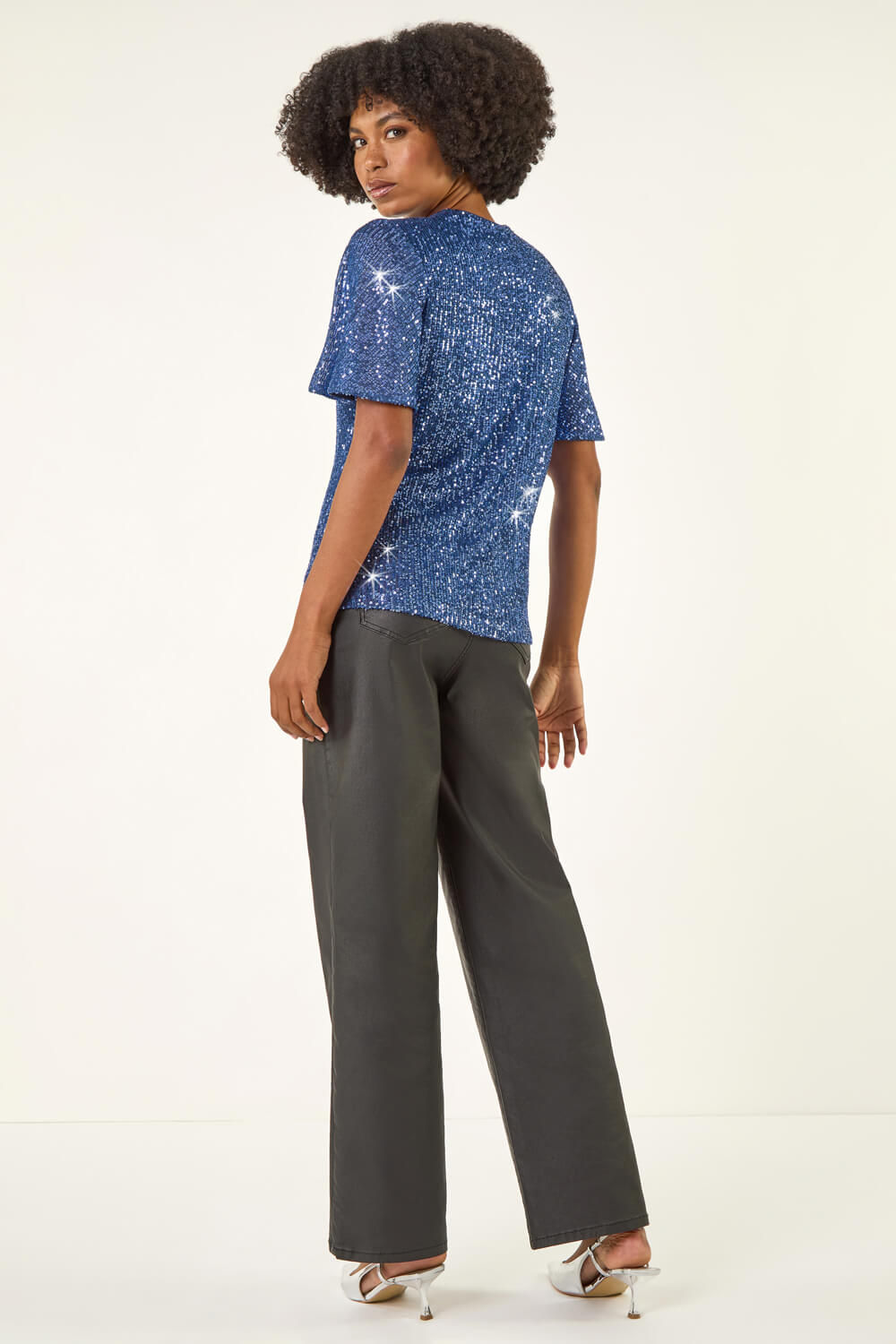 Blue Sequin Tie Neck Top, Image 4 of 5