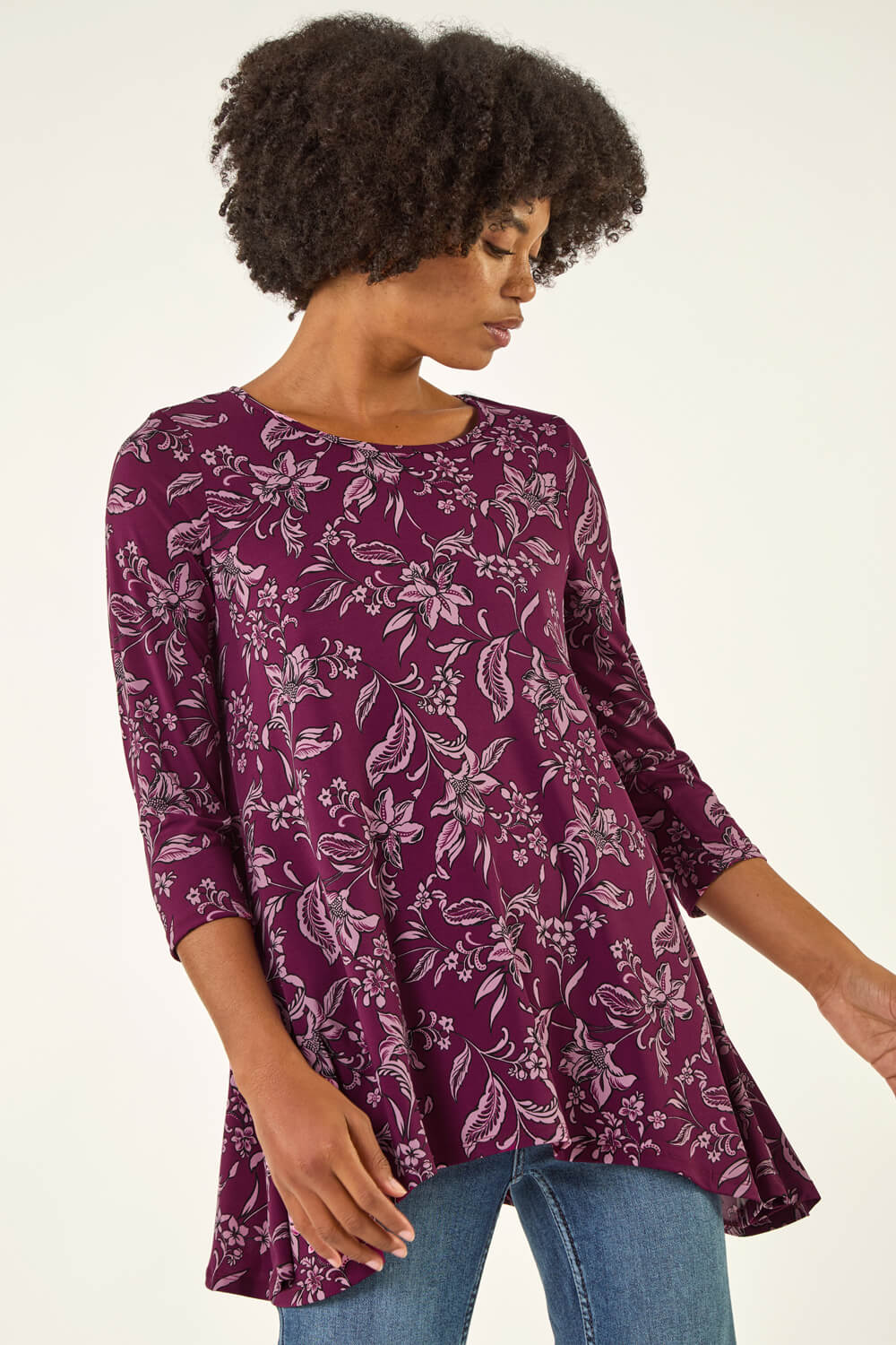 Roman Women's Burgundy Floral Hanky Hem Tunic Top Size 14