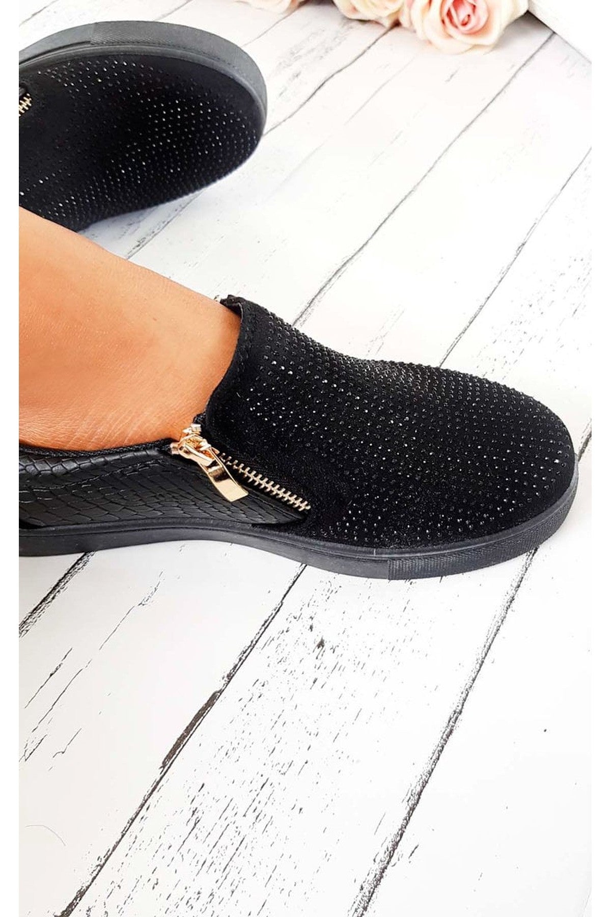 Black Leah Crystal Suede Zip Pumps Trainers, Image 3 of 6
