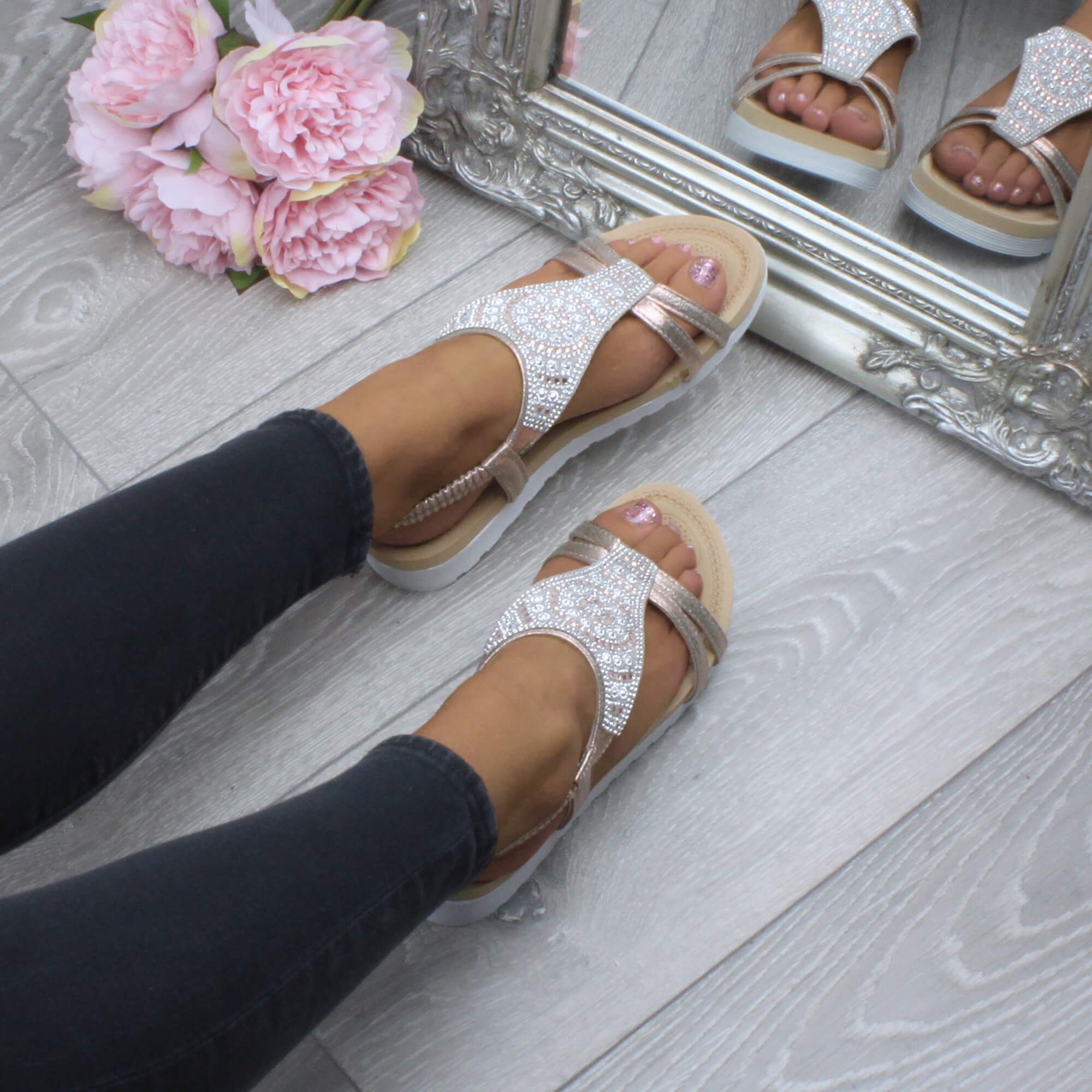 Rose Gold AJVANI Rose Gold Flatform Diamante T-Bar Slingback Sandals, Image 5 of 6