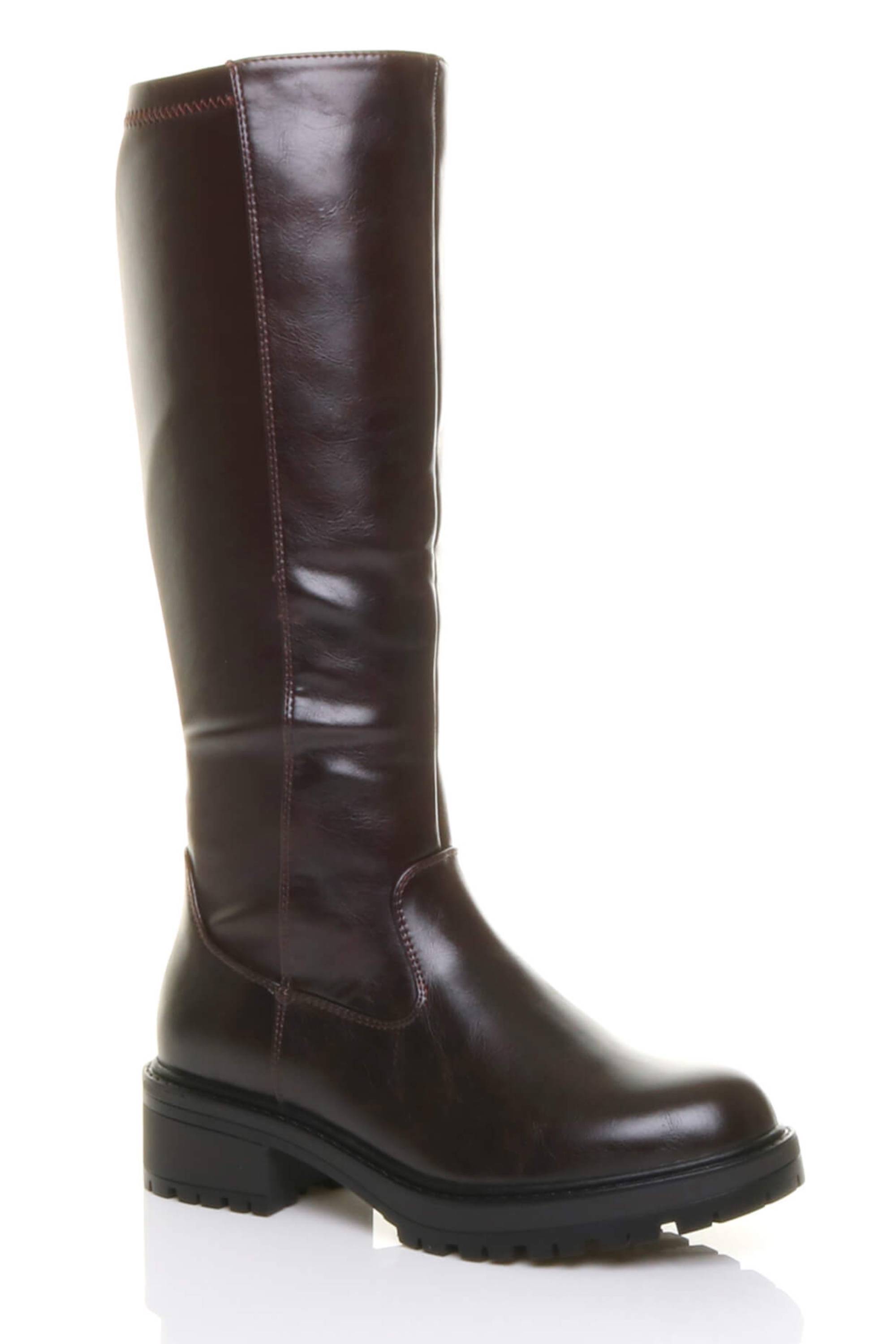 Brown AJVANI Brown Chunky Sole Zip Stretchy Elastic Riding Calf Boots, Image 2 of 4