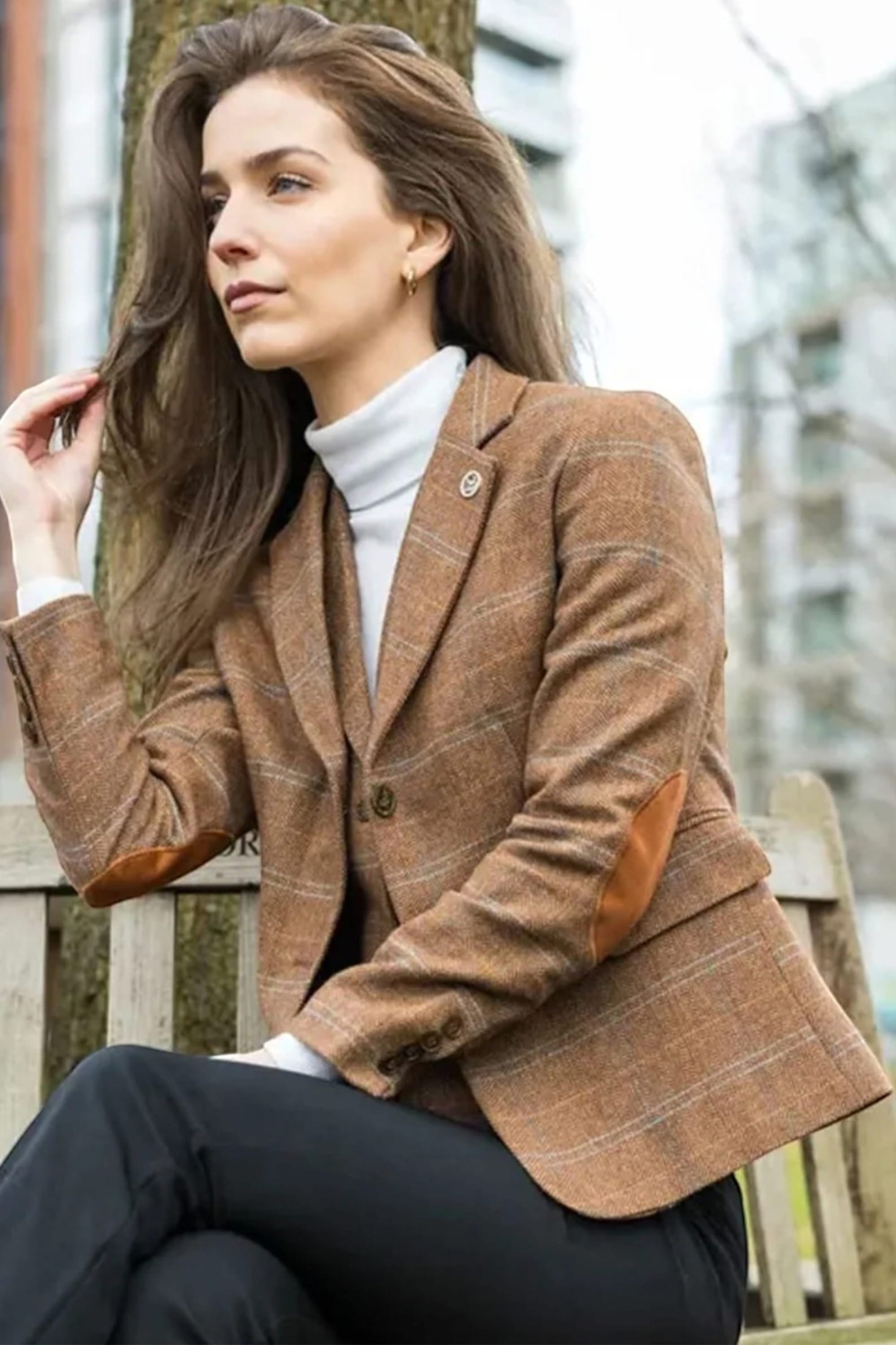 Brown Infinity Leather Brown Tweed Blazer in Herringbone Check, Image 2 of 6