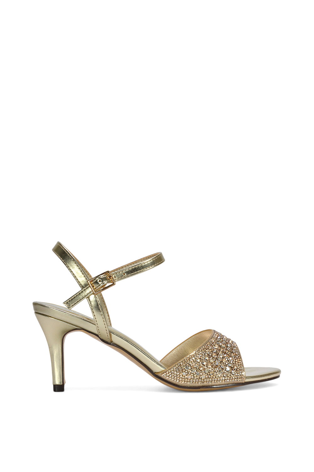 Black 'Kim' Ankle Strap Mid Stiletto Peep Toe Diamante Sparkly Heels