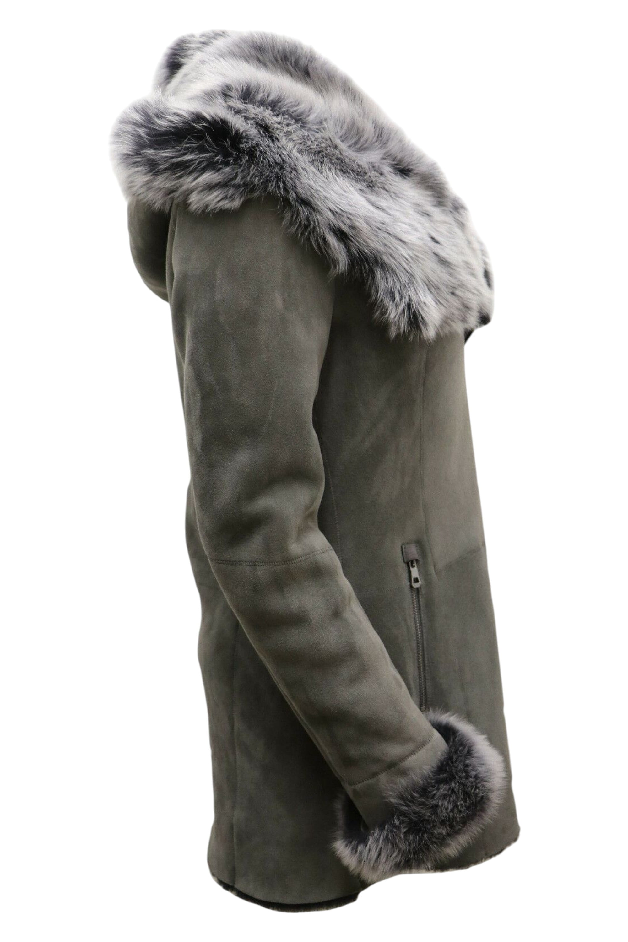 Grey Hooded Merino Sheepskin Coat-Monrovia, Image 3 of 5