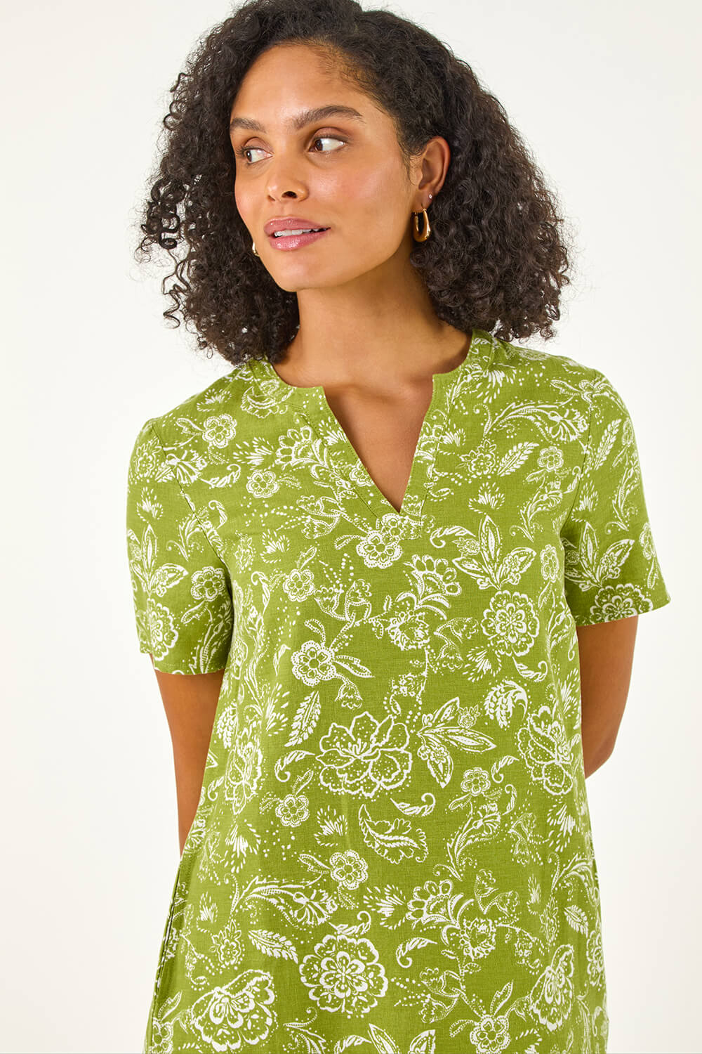 Green Paisley Print Linen Blend Shift Dress, Image 5 of 5