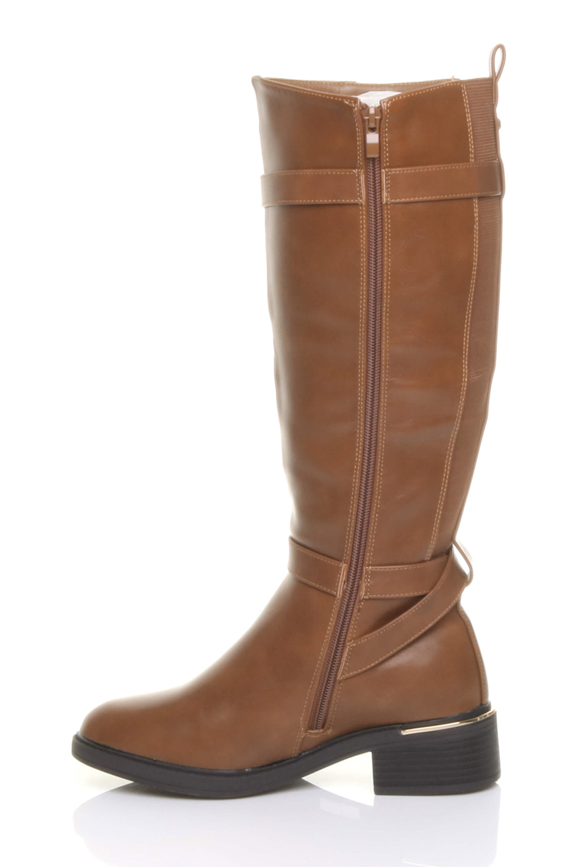 Tan AJVANI Tan Stretchy Elastic Zip Calf Biker Knee Boots, Image 3 of 5