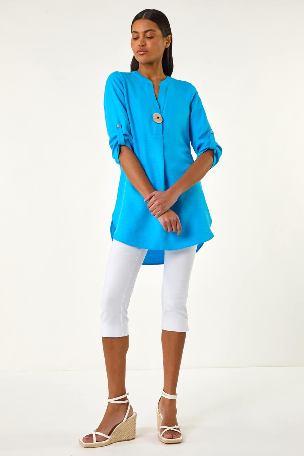 Blue V-Neck Button Detail Top, Image 3 of 5