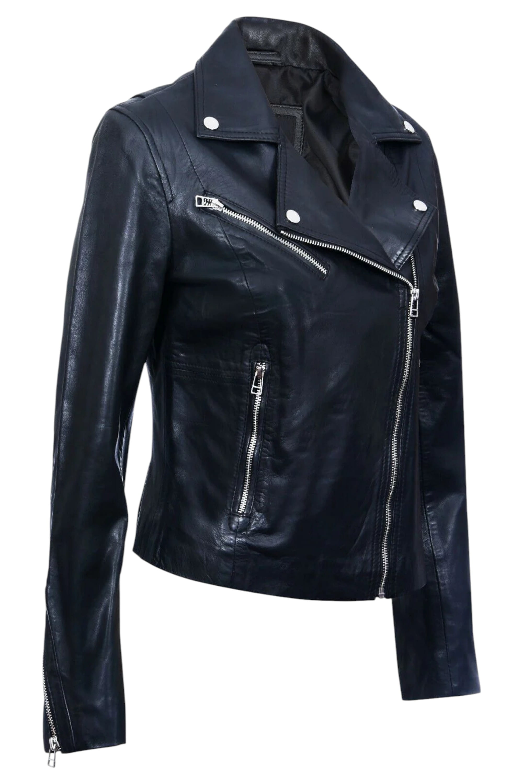 Black Womens Leather Biker Jacket-Matlock, Image 2 of 4