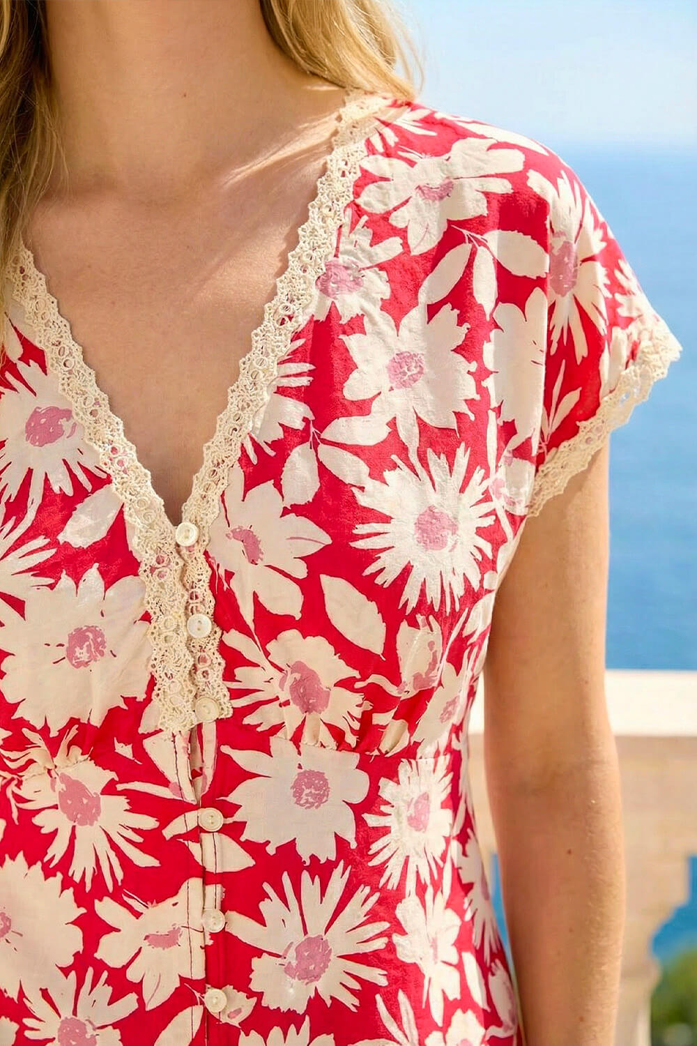 Red Floral Print Lace Trim Top, Image 5 of 4