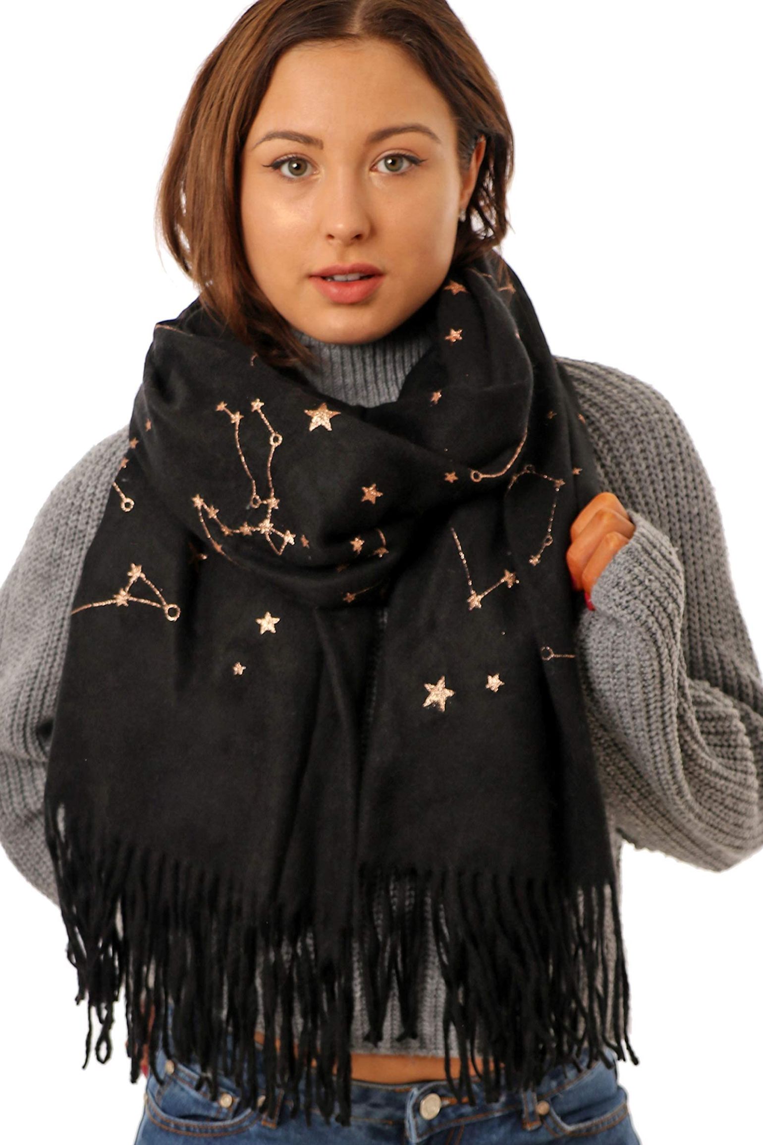 Black Star Constellation Tasselled Winter Scarf, Image 1 of 3