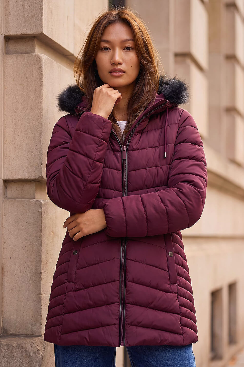 Roman Women's Bordeaux Faux Fur Hooded Coat Size 16
