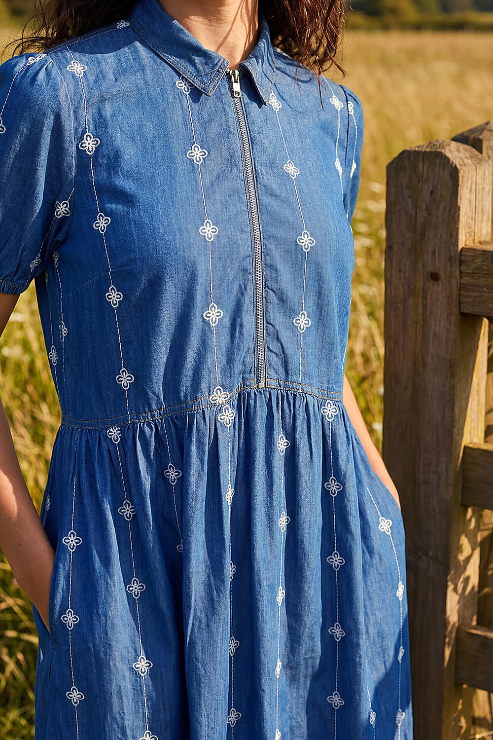 Denim Embroidered Zip Detail Dress , Image 5 of 4
