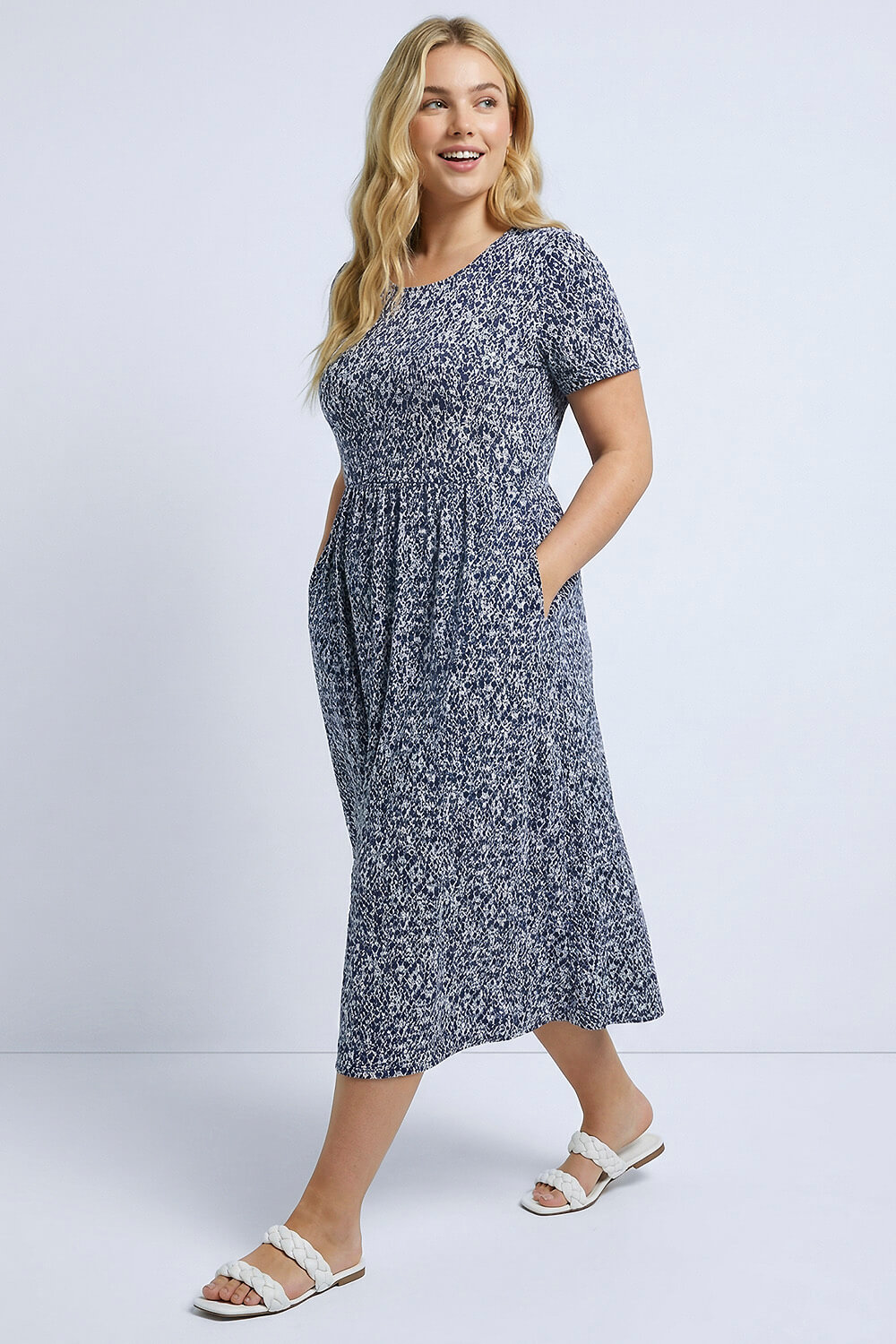 Navy Curve Abstract Print Pocket Midi Dress , Image 3 of 5