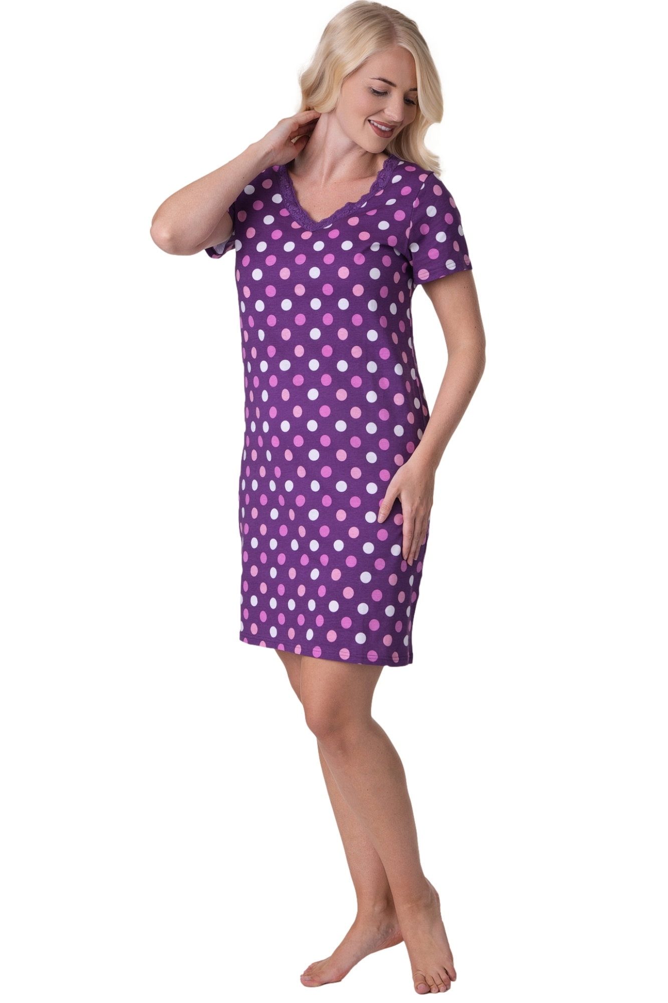 Purple Polka Dot Lace Print Cotton Nightshirt, Image 2 of 5