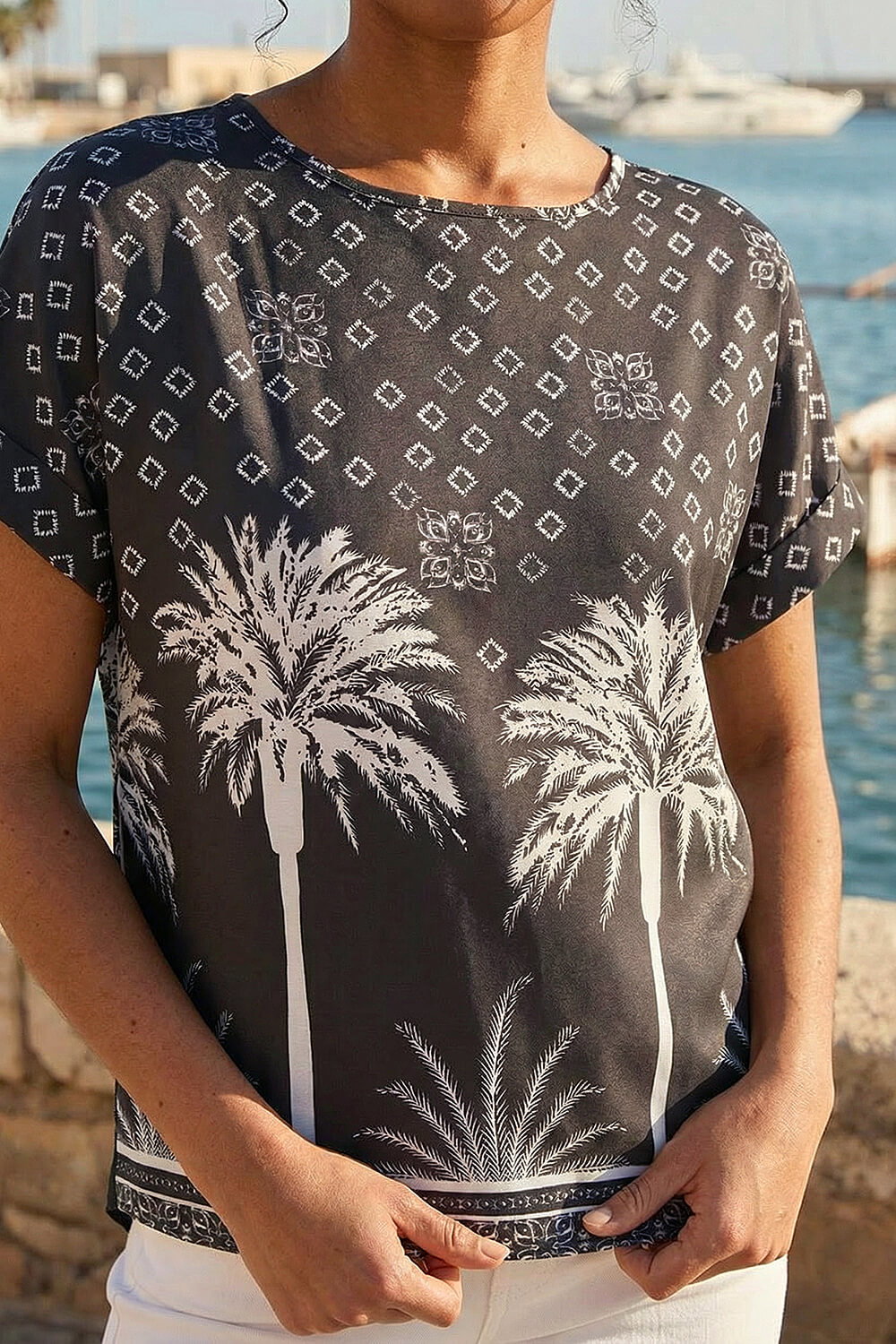 Black Palm Print Jersey Back Top, Image 5 of 4