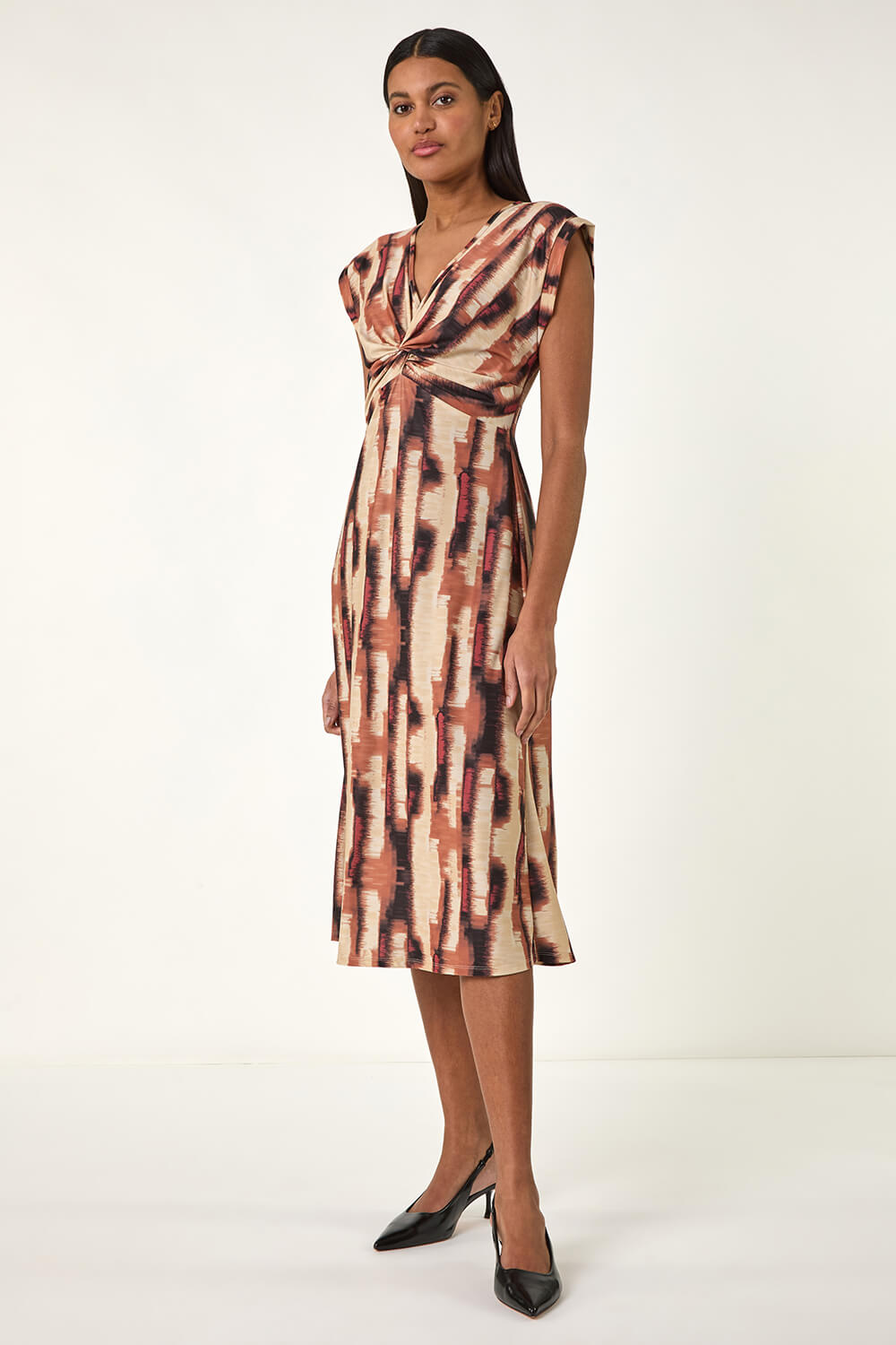 Tan Abstract Print V-Neck Twist Midi Dress, Image 1 of 5