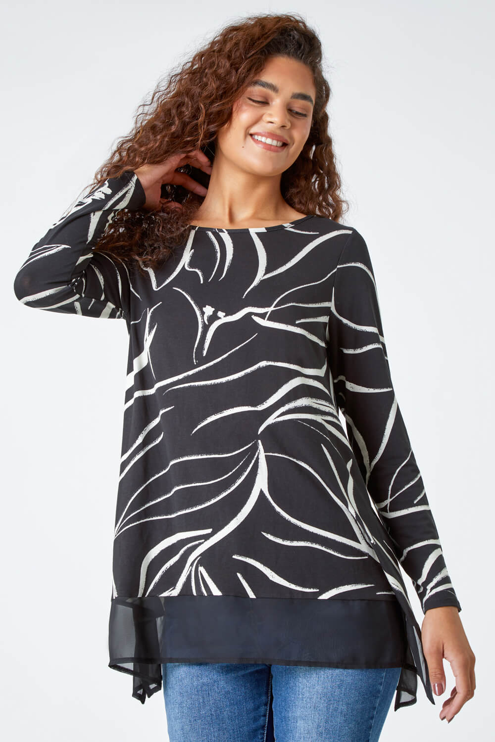 Black Leaf Print Chiffon Hem Stretch Top , Image 1 of 5